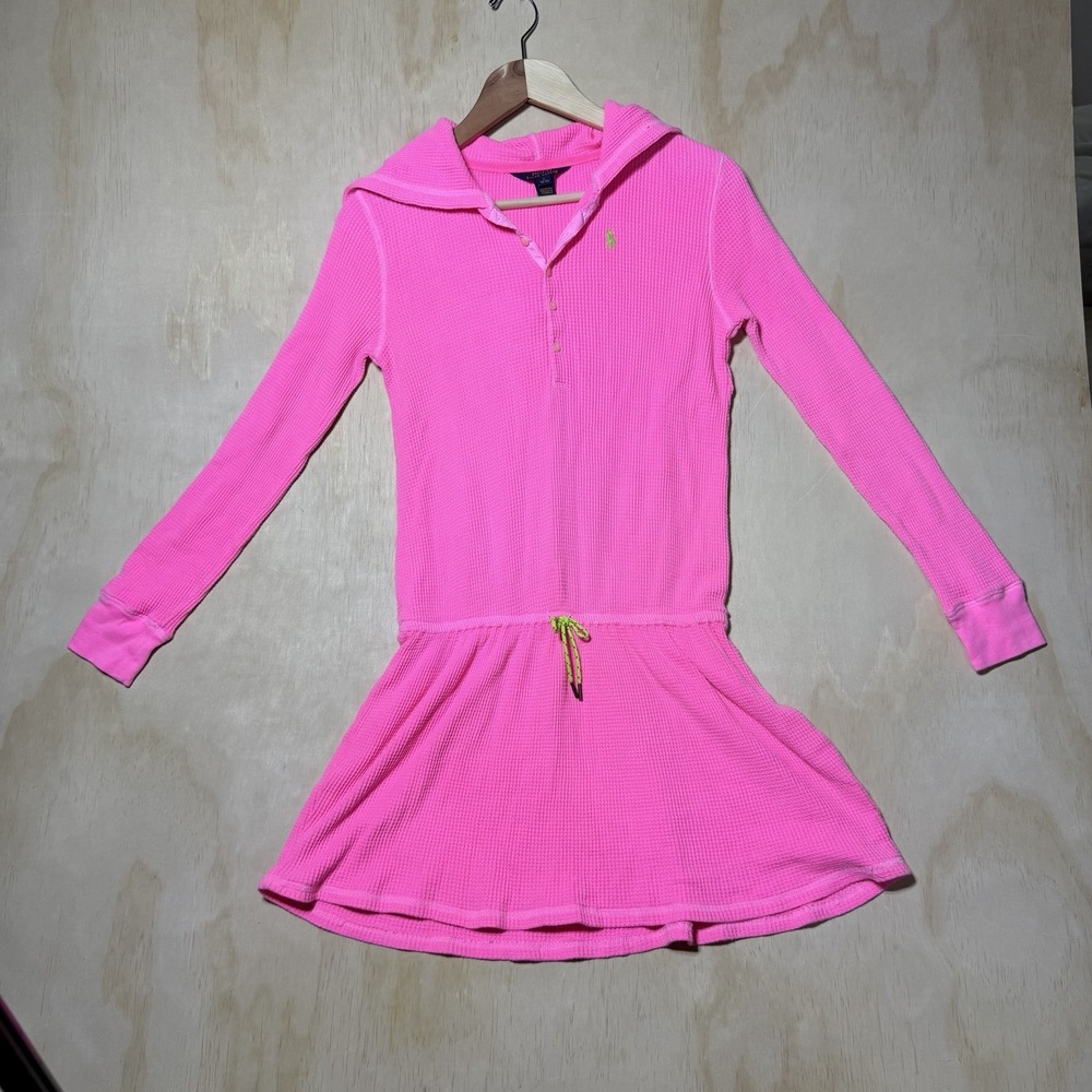 Polo Ralph Lauren Girls L 12-14 Pink Waffle Knit Hooded Dress Pony Logo